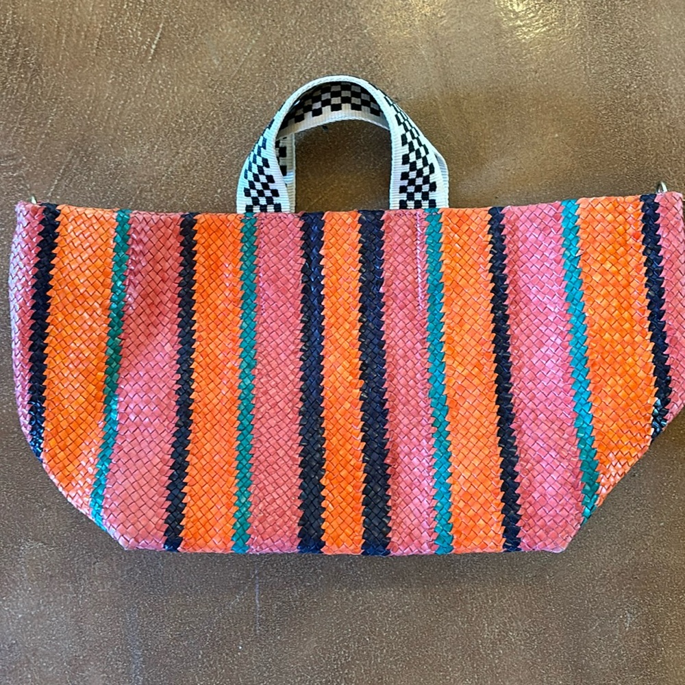 Clare V Tote OrangeRed Pinstripe Woven Leather Checker Handles